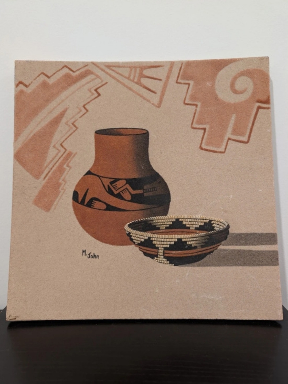 Signed M John (Margaret John) Navajo Sand Art of Pottery & Basket 15"